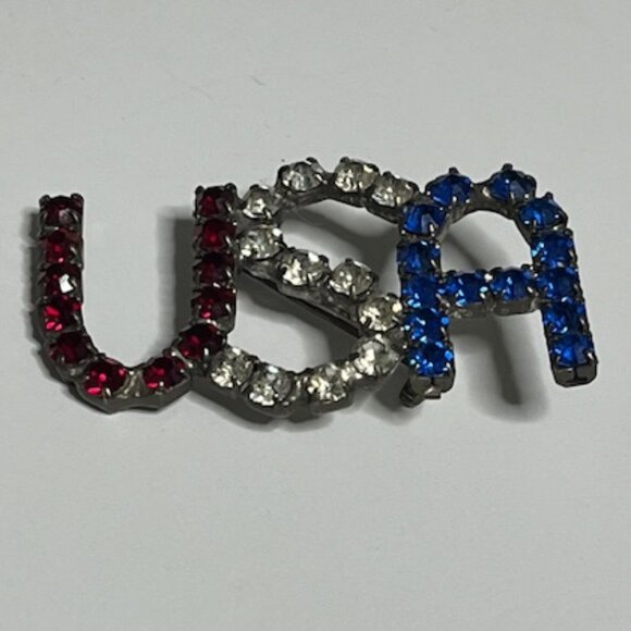 VTG USA Patriotic Brooch Red Clear Blue Prong Set Rhinestones Hat Vest Pin 2"x1" - Picture 1 of 11
